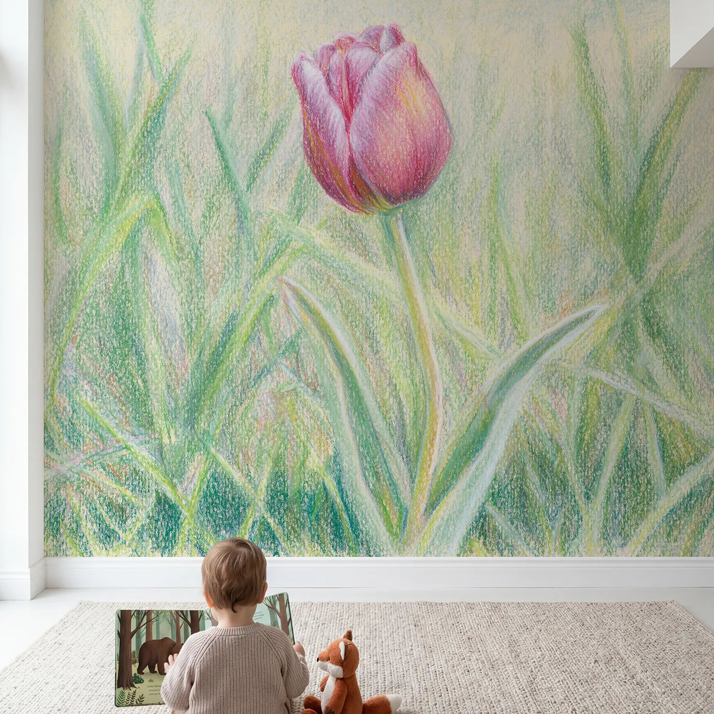 Child in nursery with Single Soft Tulip Wallpaper Mural by Whimsy Tots