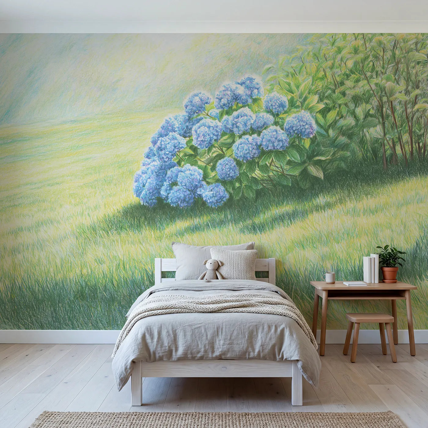 Colored-pencil wall mural of a pale blue hydrangea cluster by Whimsy Tots