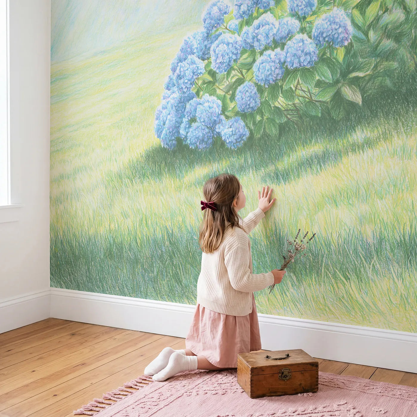 Child in nursery with Hydrangea Cluster Wallpaper Mural by Whimsy Tots