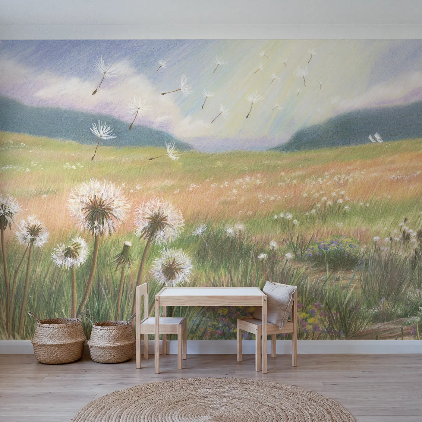 Colored-pencil wall mural of drifting dandelion seeds by Whimsy Tots