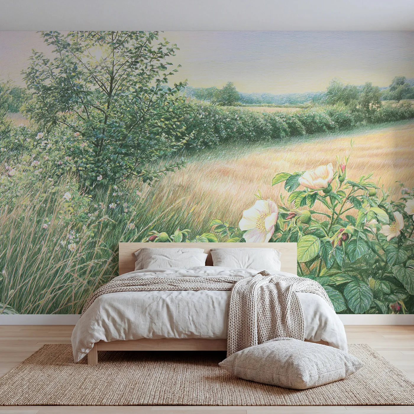 Colored-pencil wall mural of a wild rose hedgerow by Whimsy Tots