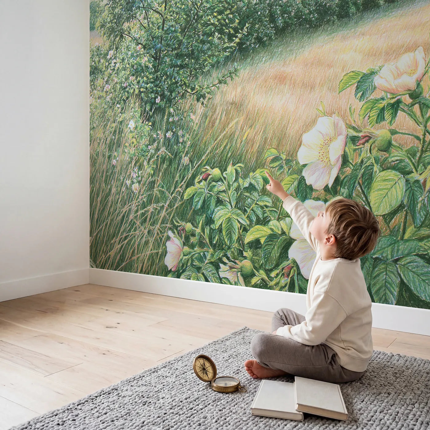 Child in nursery with Wild Rose Hedgerow Wallpaper Mural by Whimsy Tots