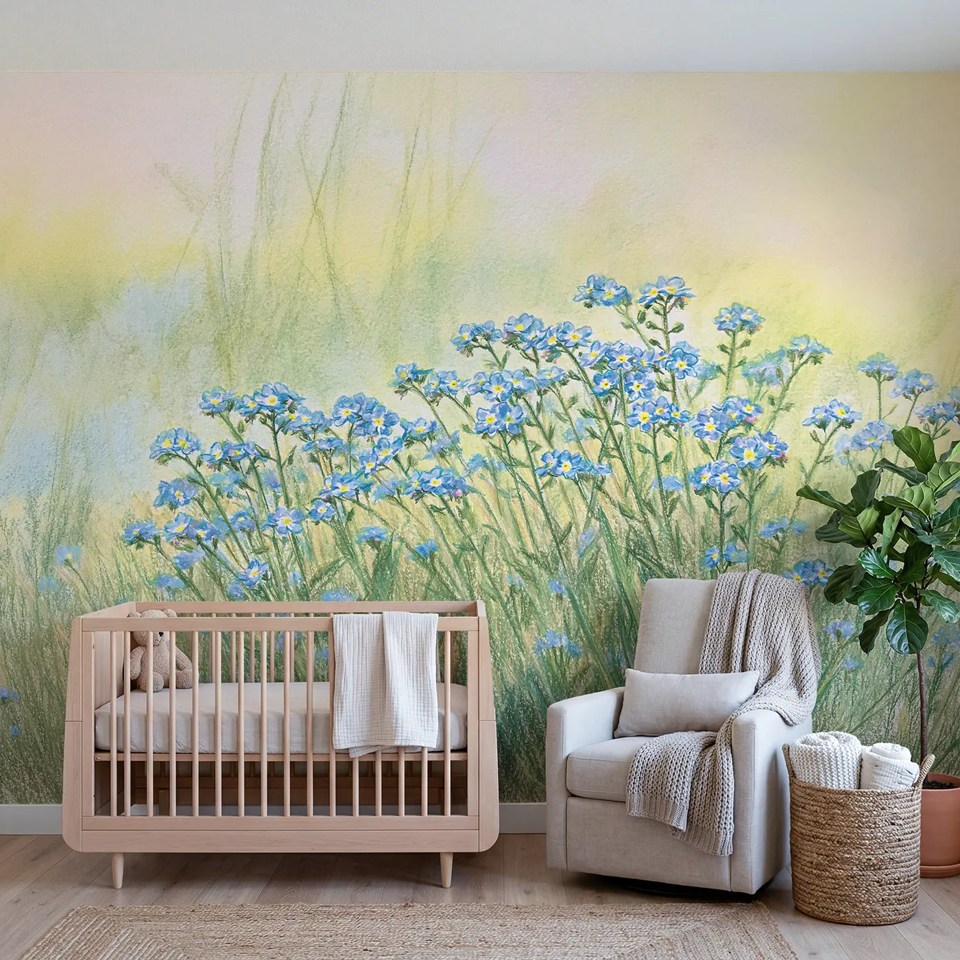 Colored-pencil wall mural of blue forget-me-nots by Whimsy Tots