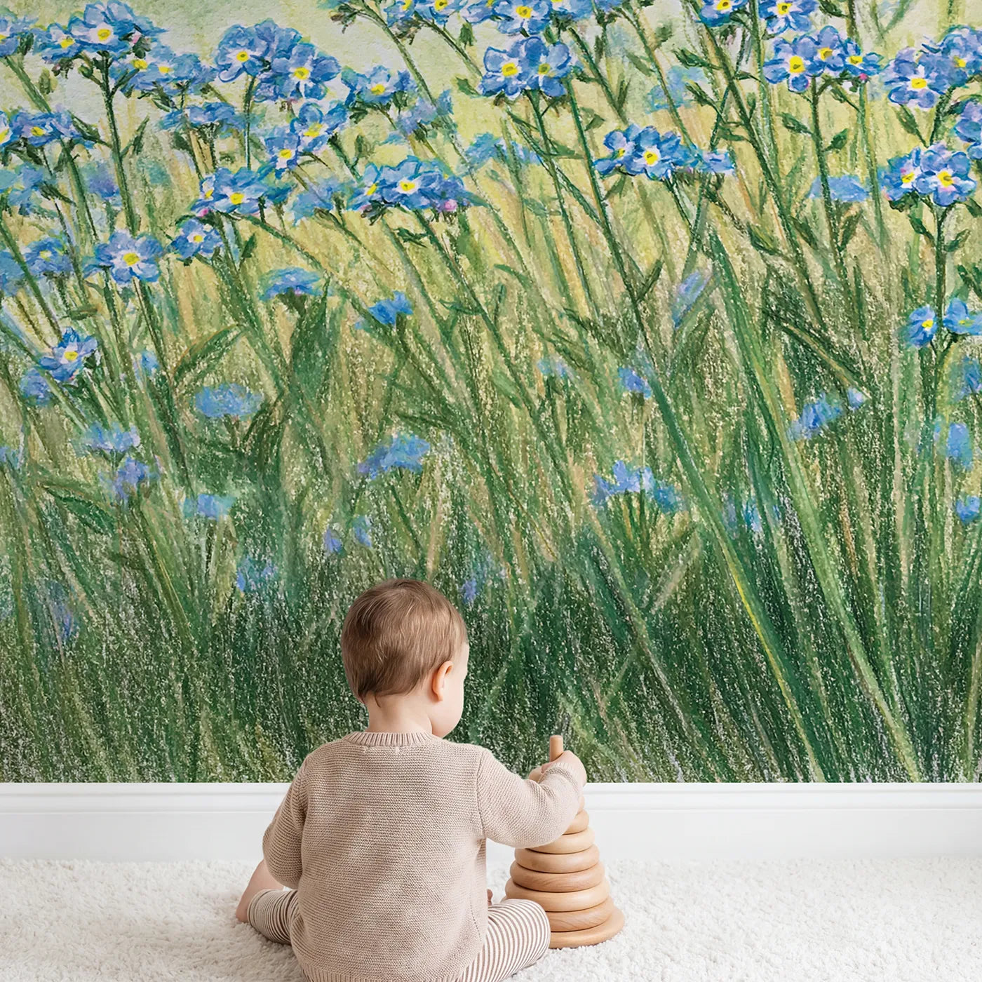 Child in nursery with Forget-Me-Nots Wallpaper Mural by Whimsy Tots
