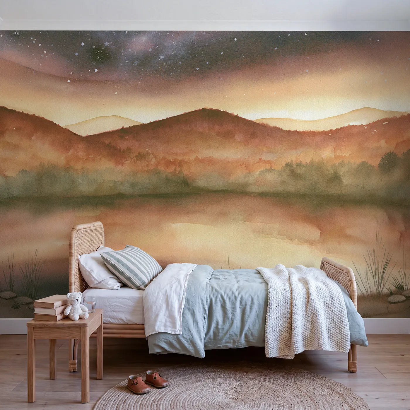 Watercolor wall mural of layered misty mountain ranges by Whimsy Tots