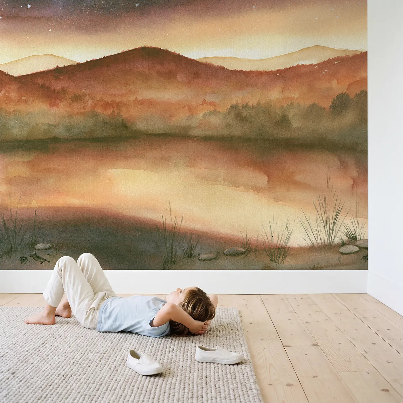 Child in nursery with Starlit Wooded Ridges Wallpaper Mural by Whimsy Tots