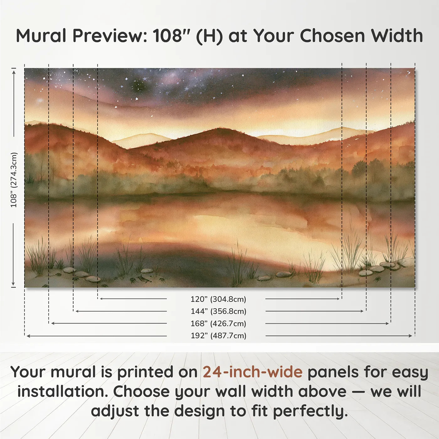 Panel layout and dimensions for Starlit Wooded Ridges Wallpaper Mural by Whimsy Tots