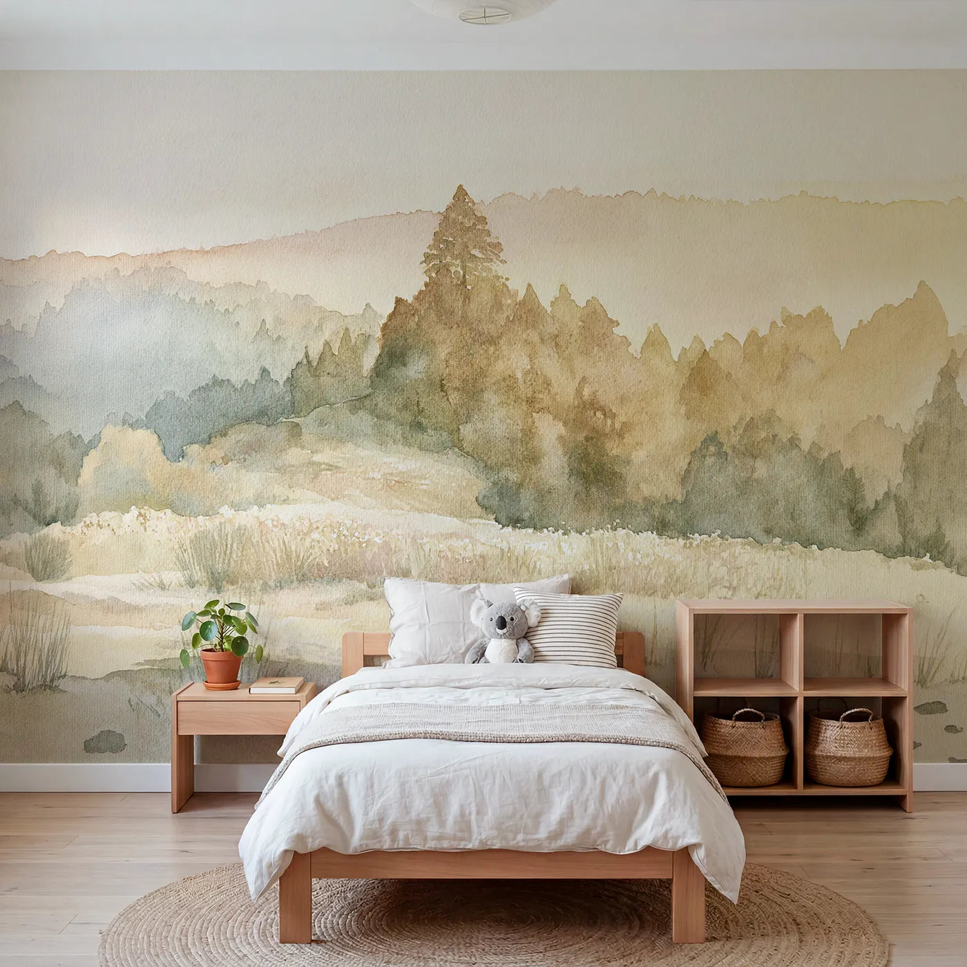 Watercolor wall mural of a snowy peak at dawn by Whimsy Tots