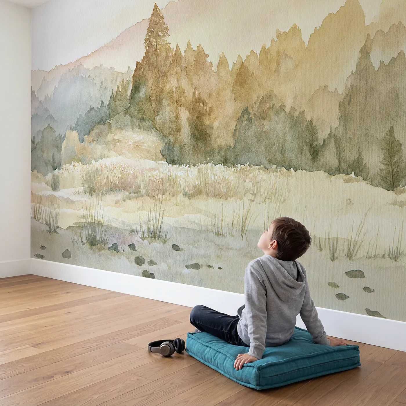 Child in nursery with Morning Wooded Ridges Wallpaper Mural by Whimsy Tots