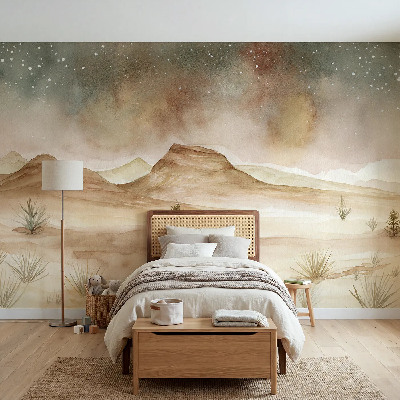 Watercolor wall mural of layered alpine summits by Whimsy Tots