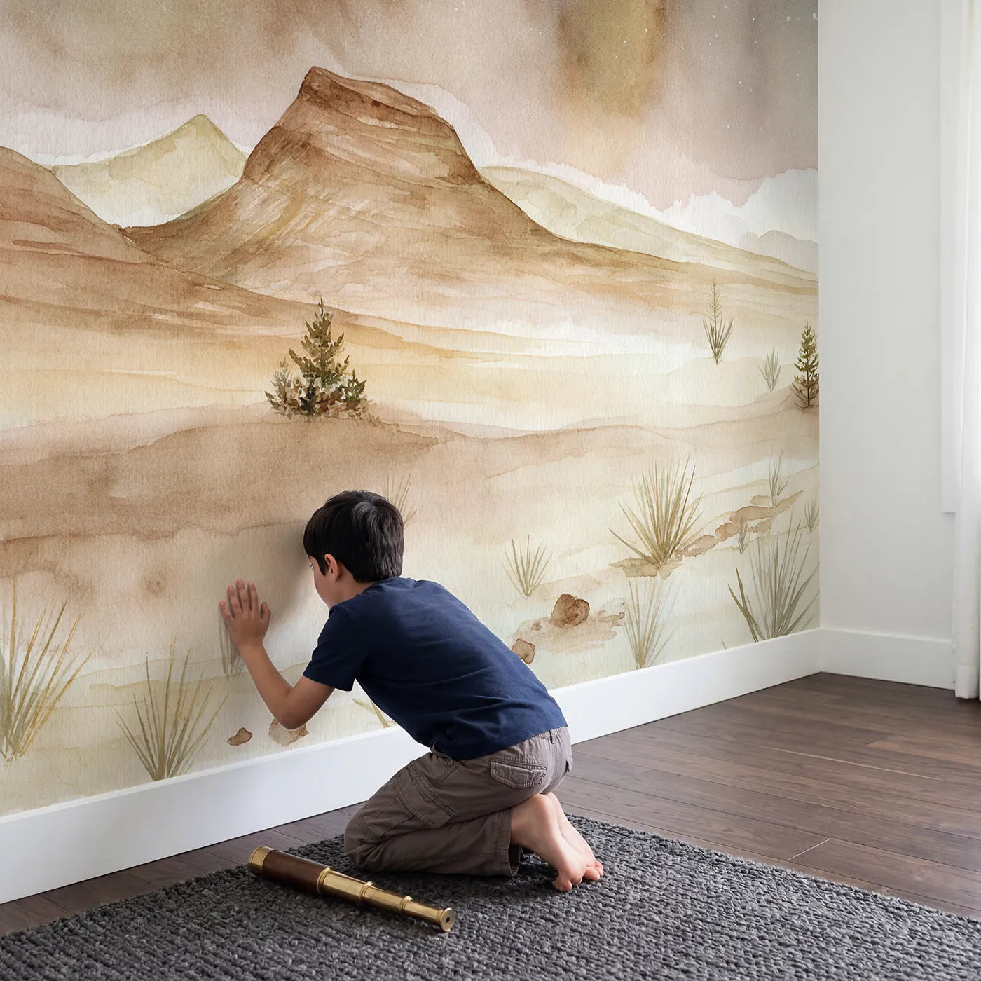 Child in nursery with Starlit Mesa Plateau Wallpaper Mural by Whimsy Tots