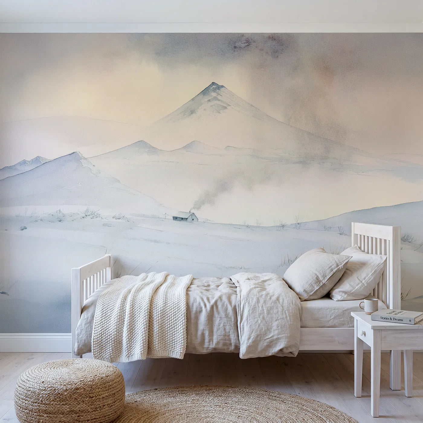 Watercolor wall mural of receding soft blue mountains by Whimsy Tots