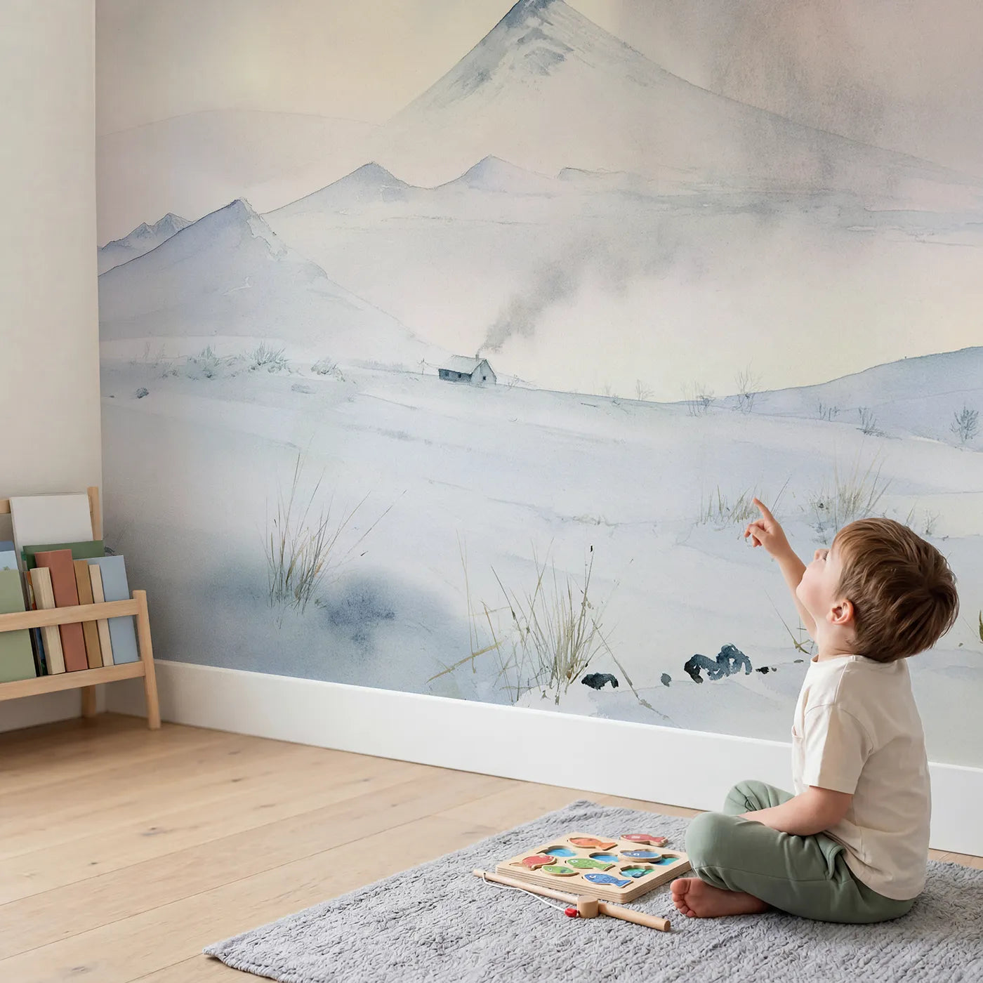 Child in nursery with Dawn Volcano Hill Wallpaper Mural by Whimsy Tots