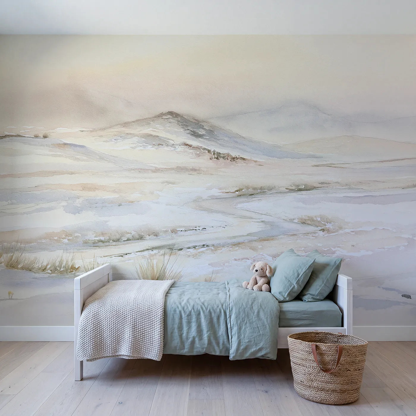 Watercolor wall mural of a ridge emerging from fog by Whimsy Tots