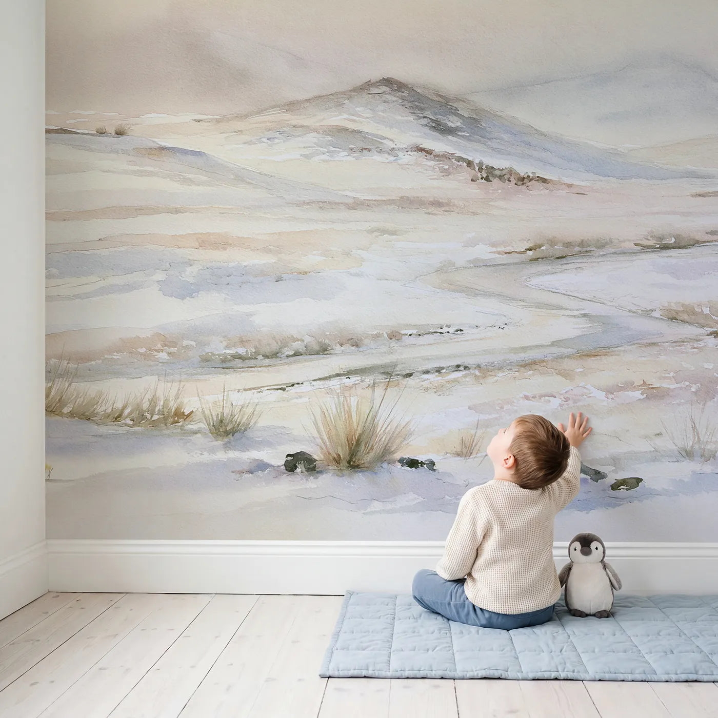 Child in nursery with Dawn Heather Moor Wallpaper Mural by Whimsy Tots