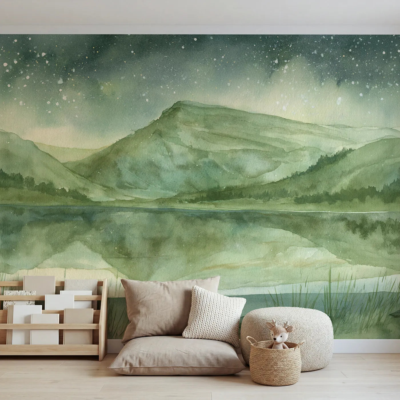 Watercolor wall mural of a floating hazy distant peak by Whimsy Tots