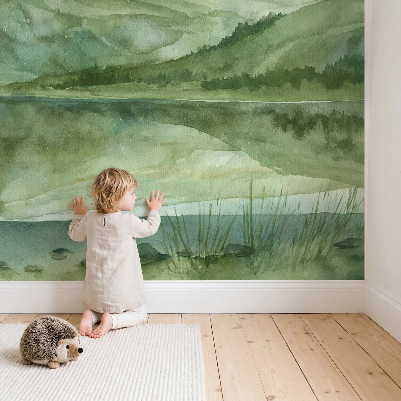 Child in nursery with Starlit Terraced Hills Wallpaper Mural by Whimsy Tots