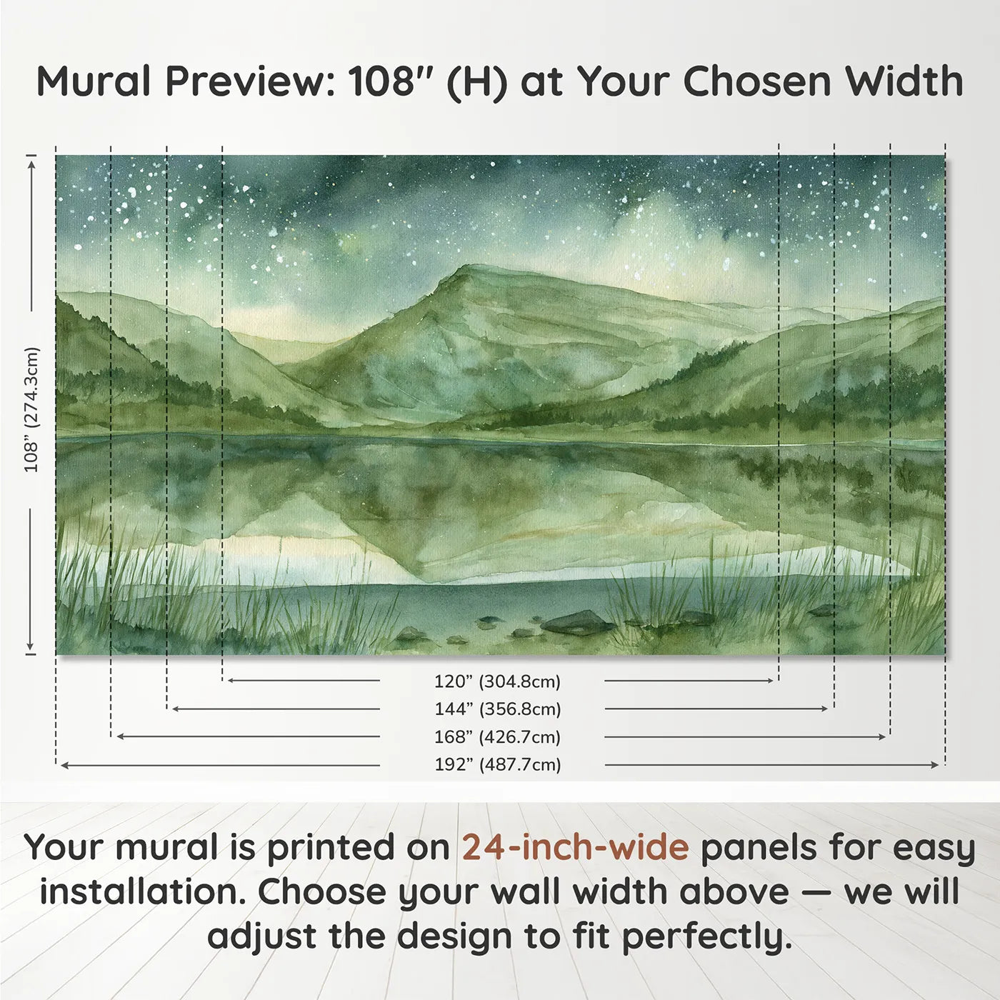 Panel layout and dimensions for Starlit Terraced Hills Wallpaper Mural by Whimsy Tots