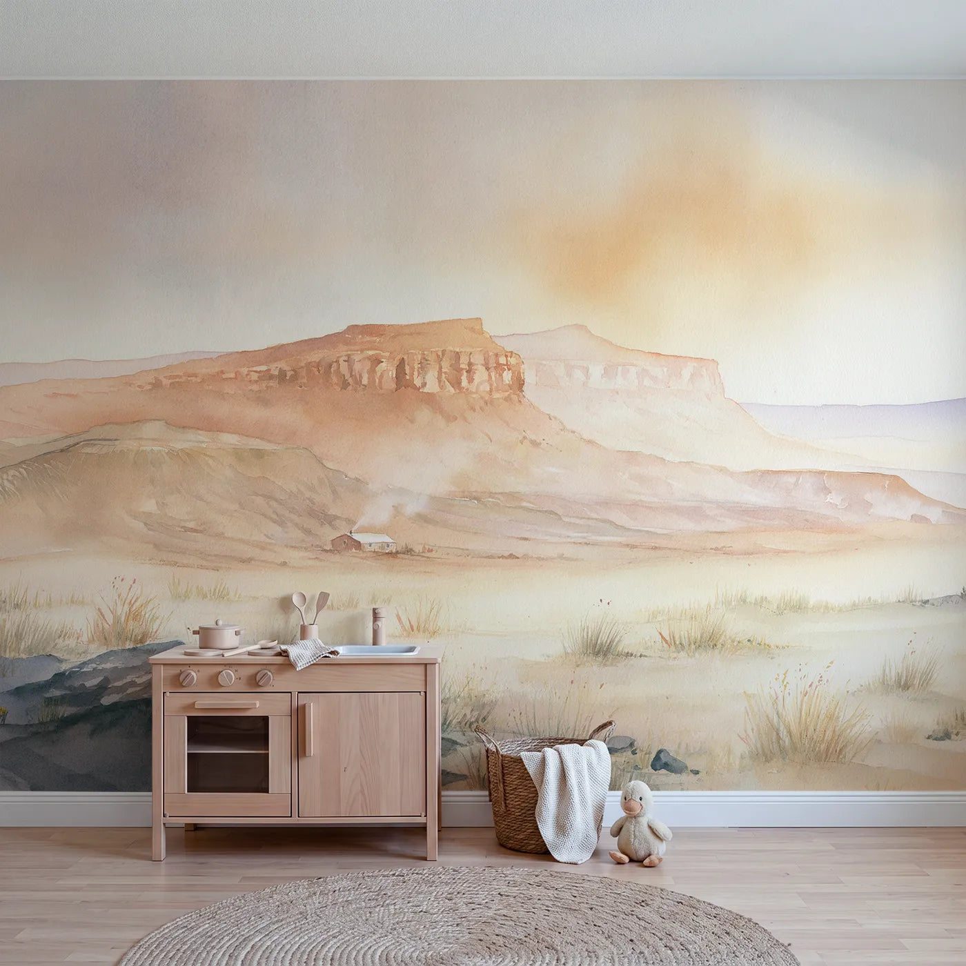Watercolor wall mural of mist crossing mountain slopes by Whimsy Tots