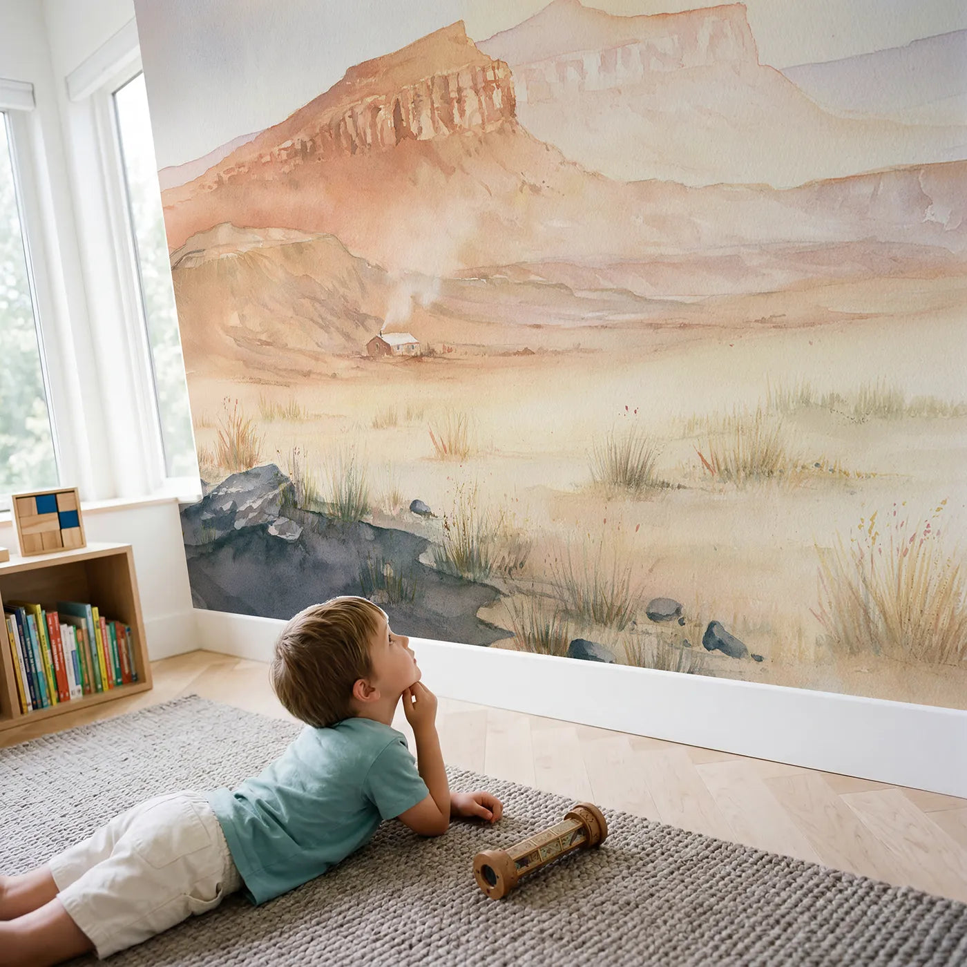 Child in nursery with Morning Mesa Plateau Wallpaper Mural by Whimsy Tots