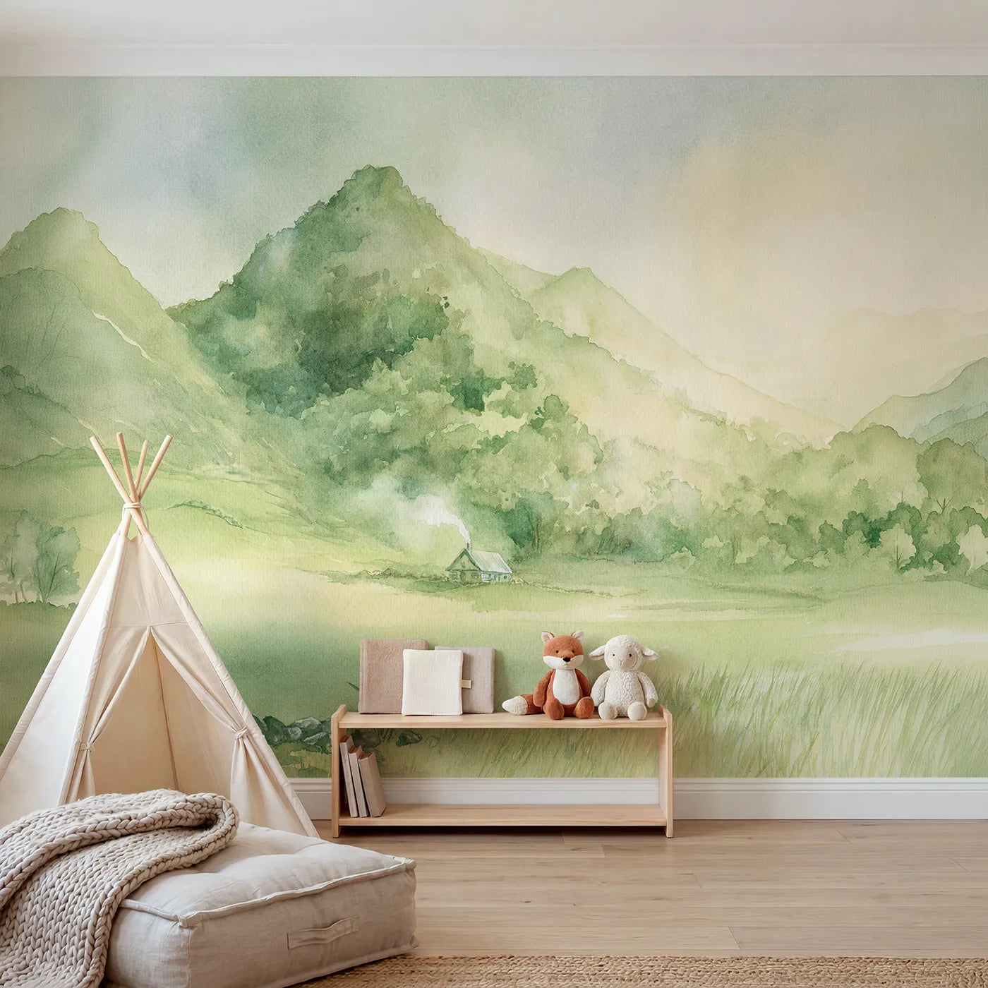 Watercolor wall mural of forested slopes and hazy peak by Whimsy Tots
