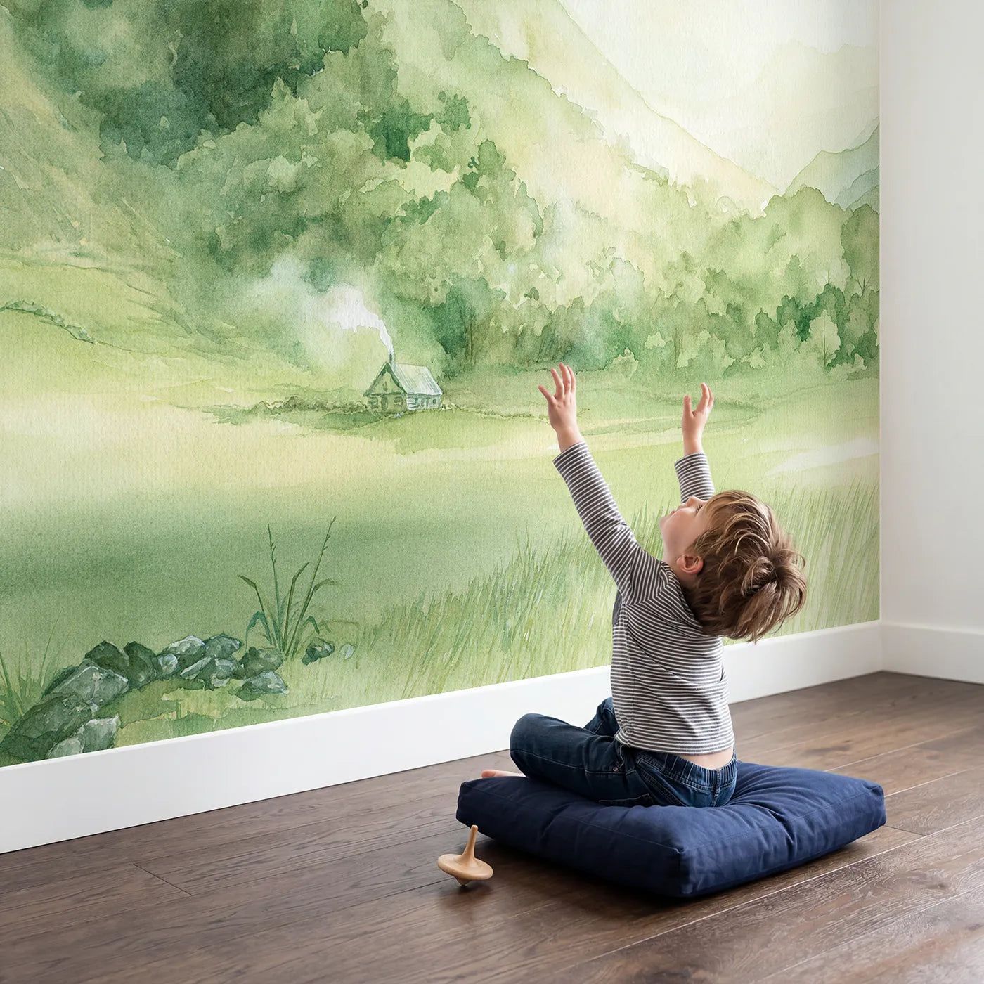 Child in nursery with Morning Wooded Ridges Cabin Wallpaper Mural by Whimsy Tots