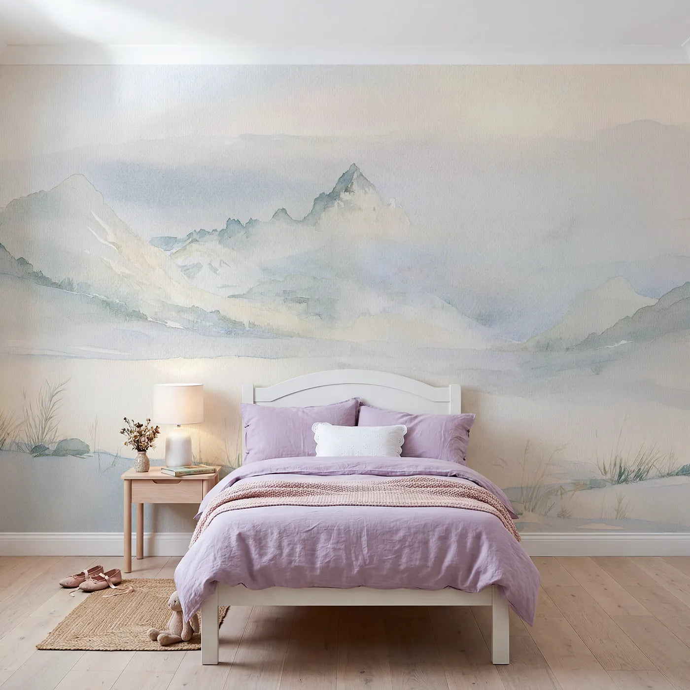 Watercolor wall mural of a warm glowing summit by Whimsy Tots