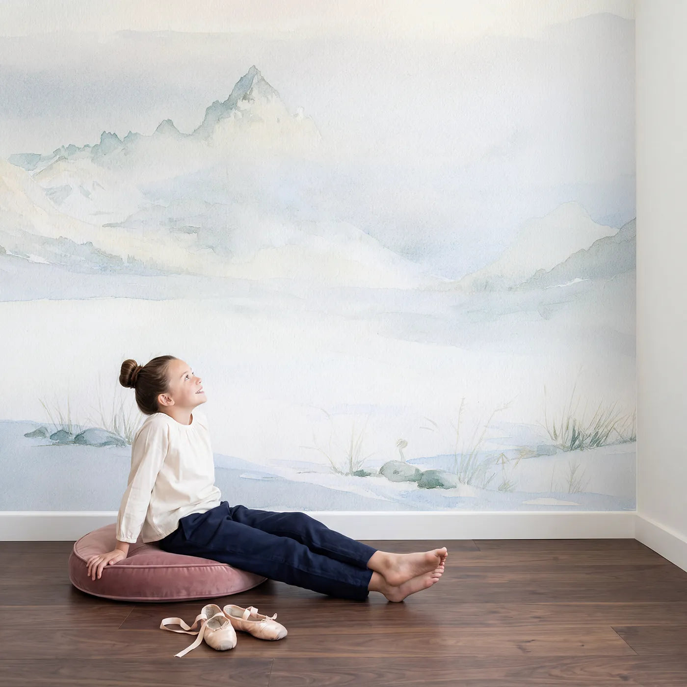 Child in nursery with Dawn Alpine Peaks Wallpaper Mural by Whimsy Tots
