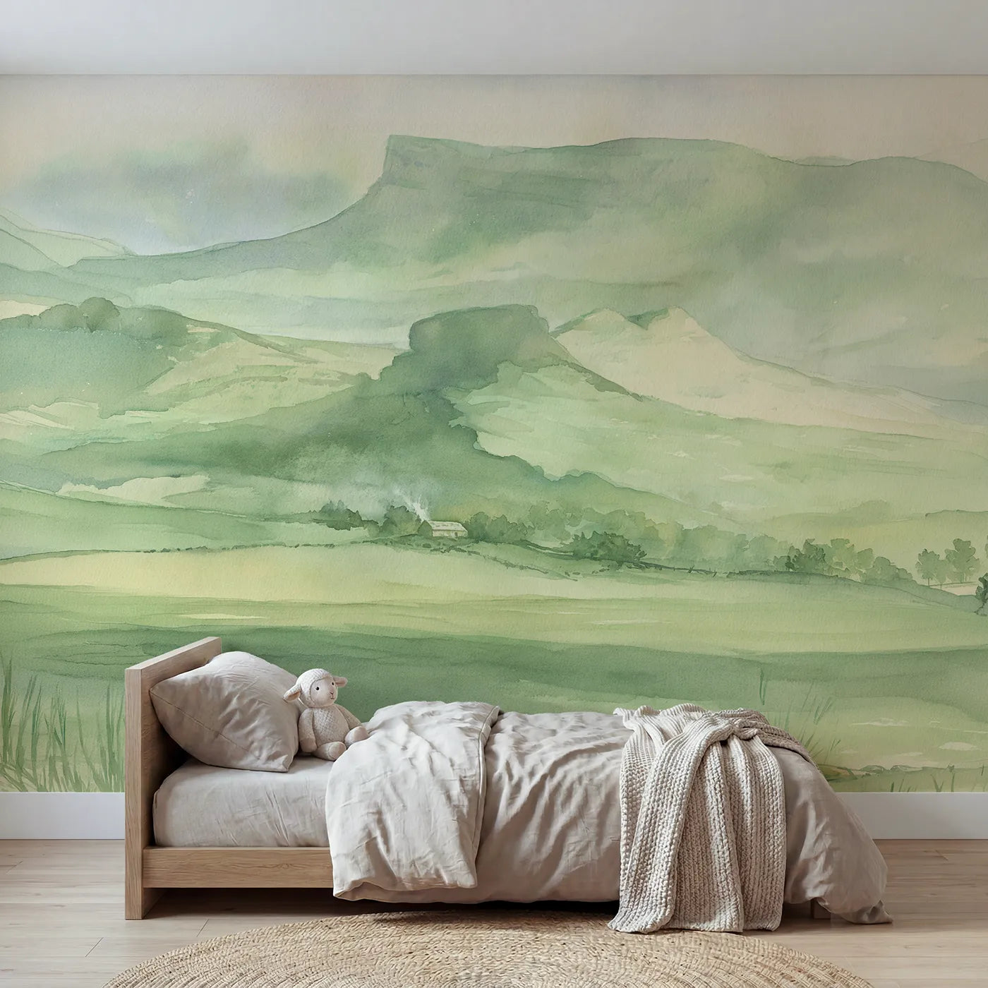 Watercolor wall mural of alpine ranges in calm bands by Whimsy Tots