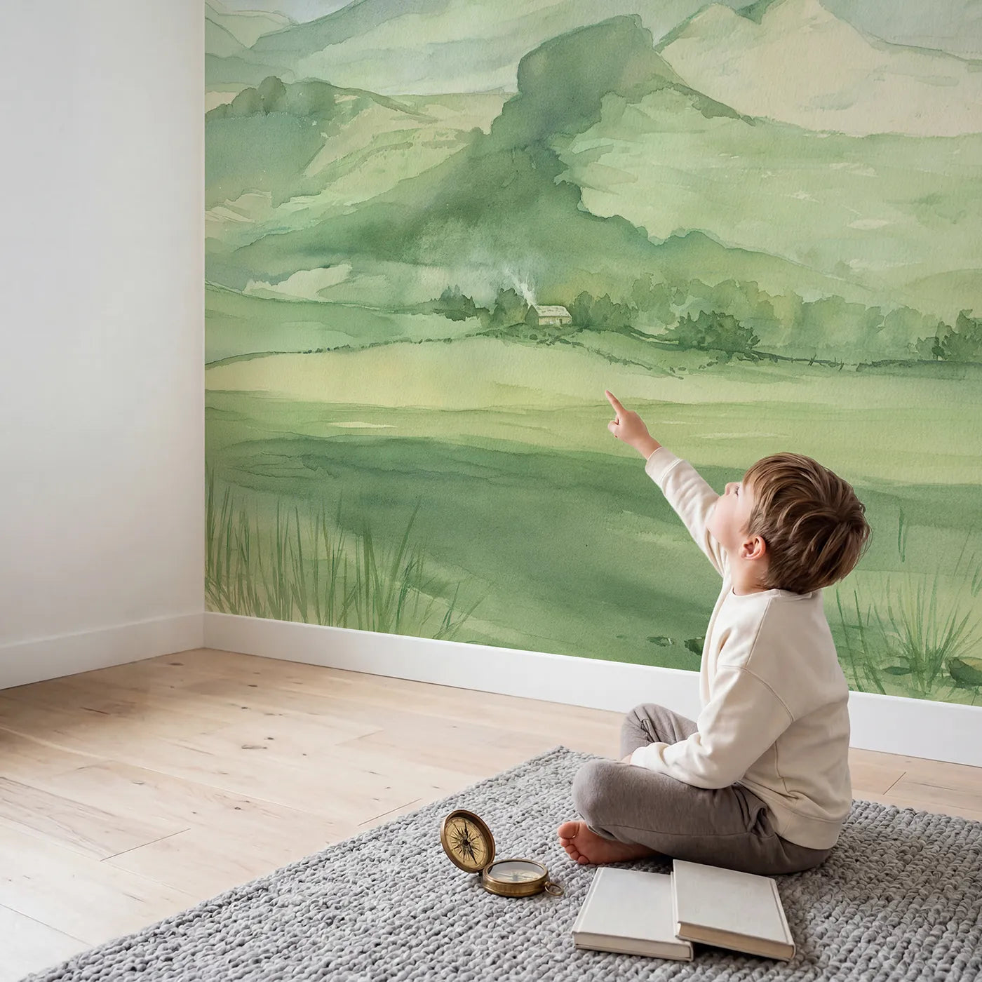 Child in nursery with Morning Mesa Plateau Cabin Wallpaper Mural by Whimsy Tots