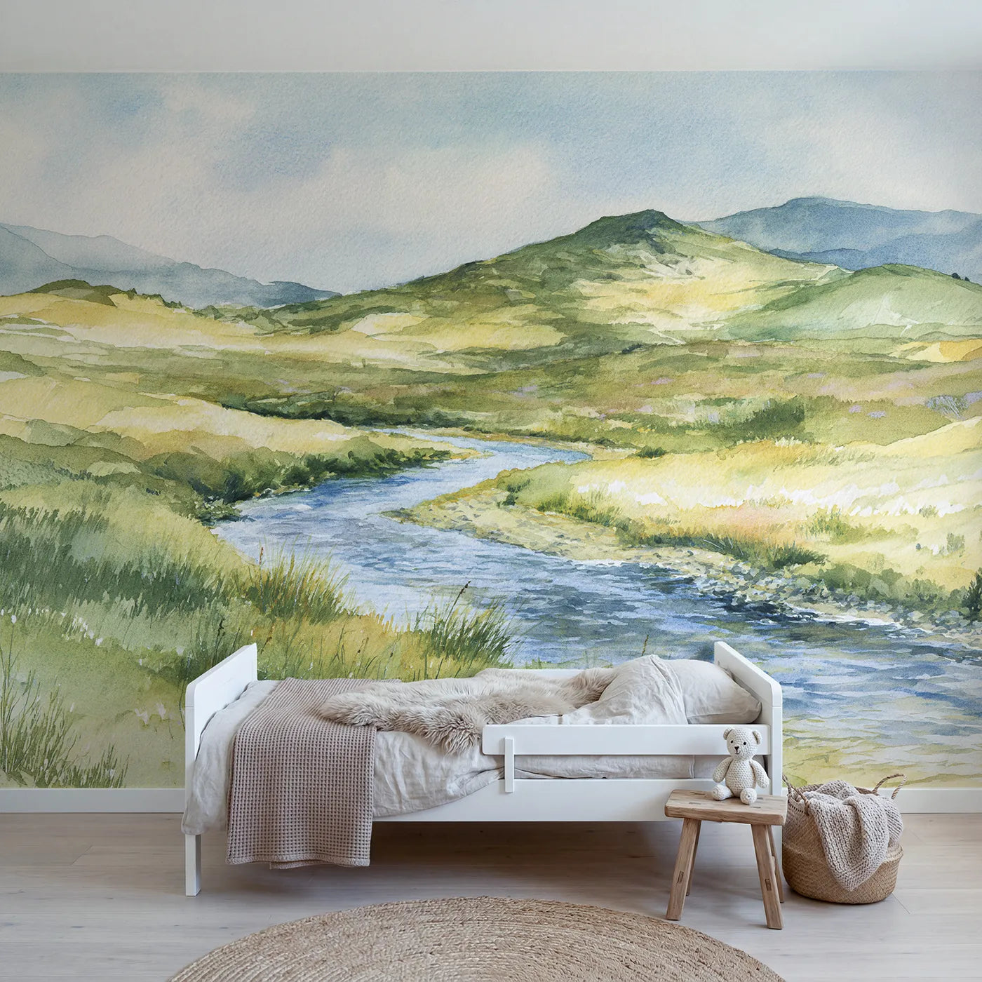 Watercolor wall mural of a clean snowy peak by Whimsy Tots