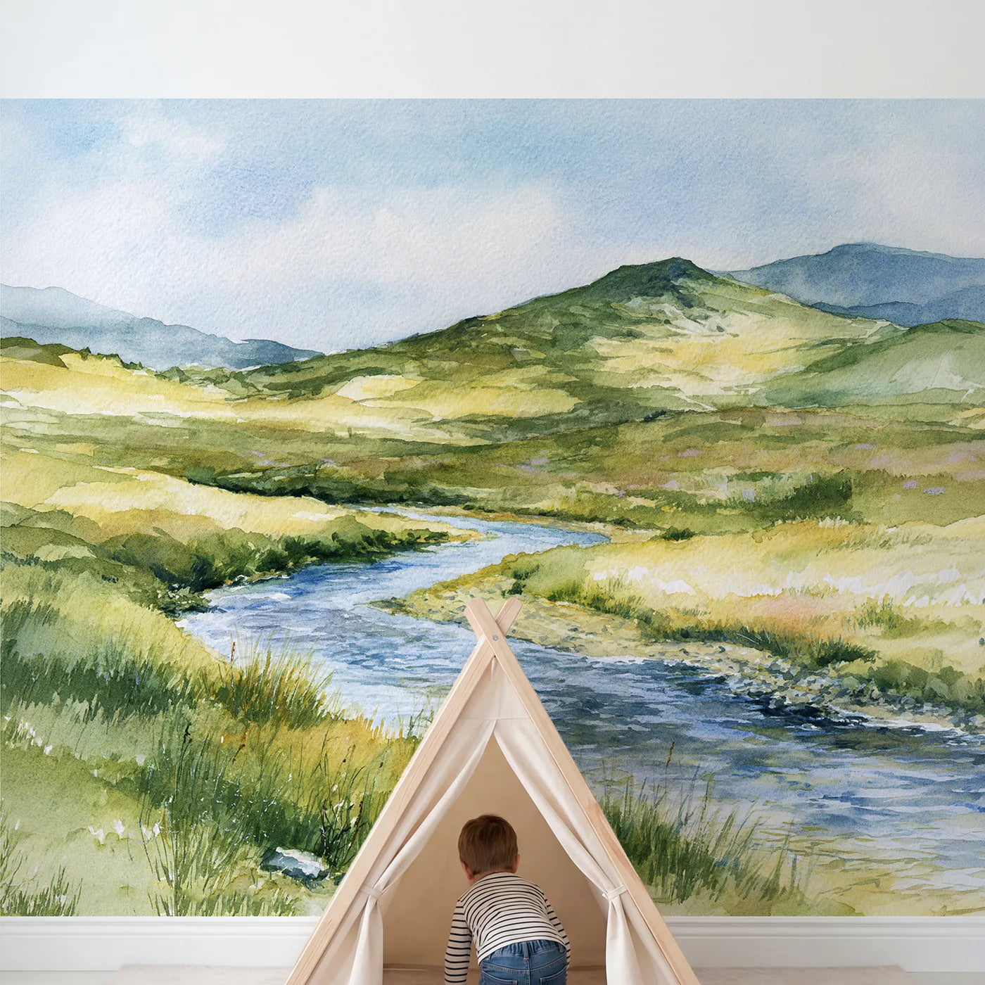 Child in nursery with Midday Heather Moor Wallpaper Mural by Whimsy Tots