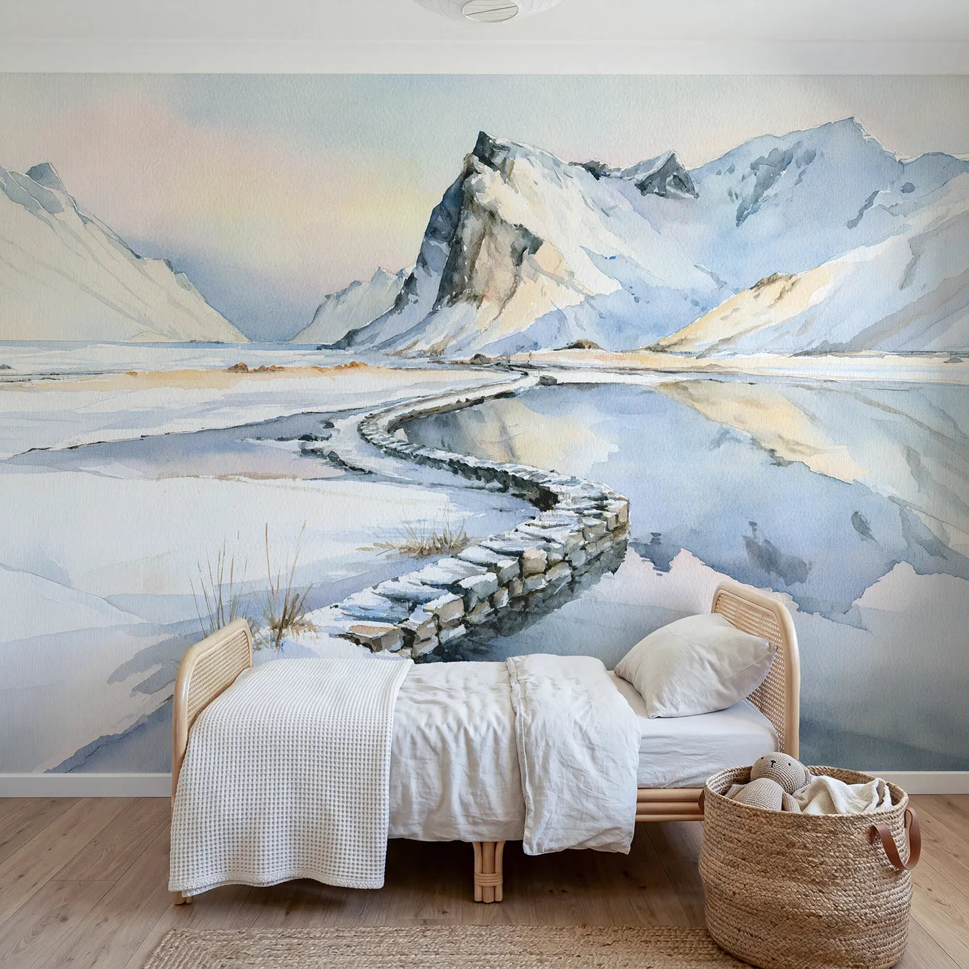Watercolor wall mural of a layered mountain range by Whimsy Tots