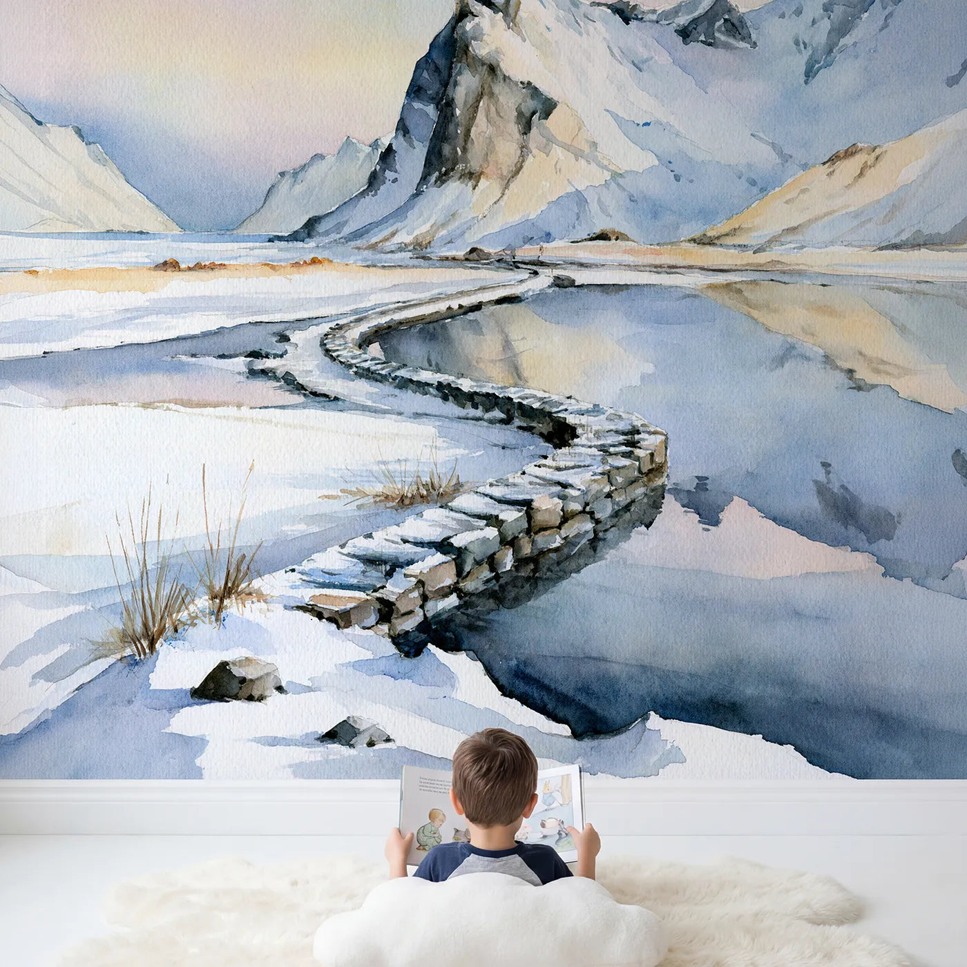 Child in nursery with Dusk Fjord Cliffs Wallpaper Mural by Whimsy Tots