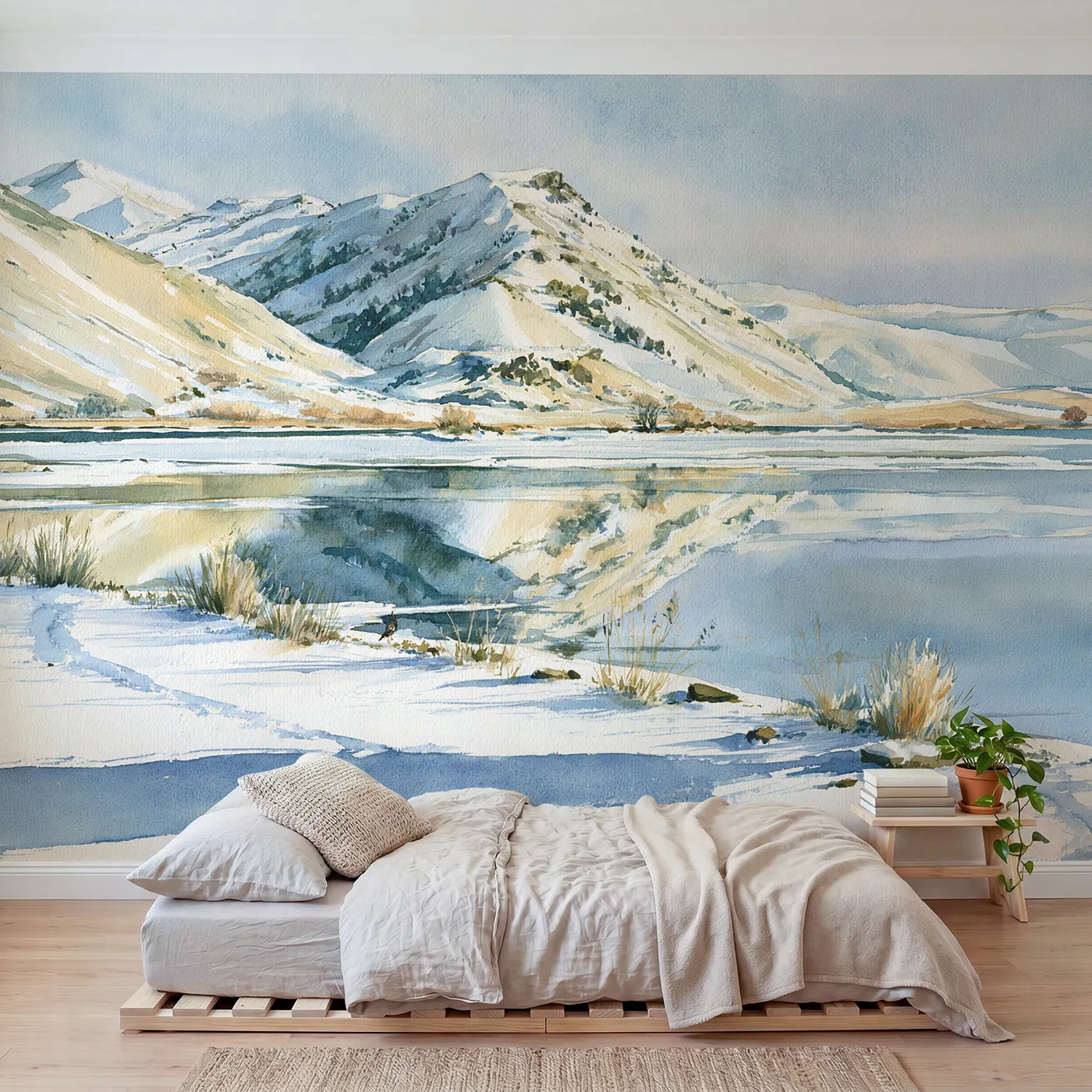 Watercolor wall mural of a soft rocky summit by Whimsy Tots