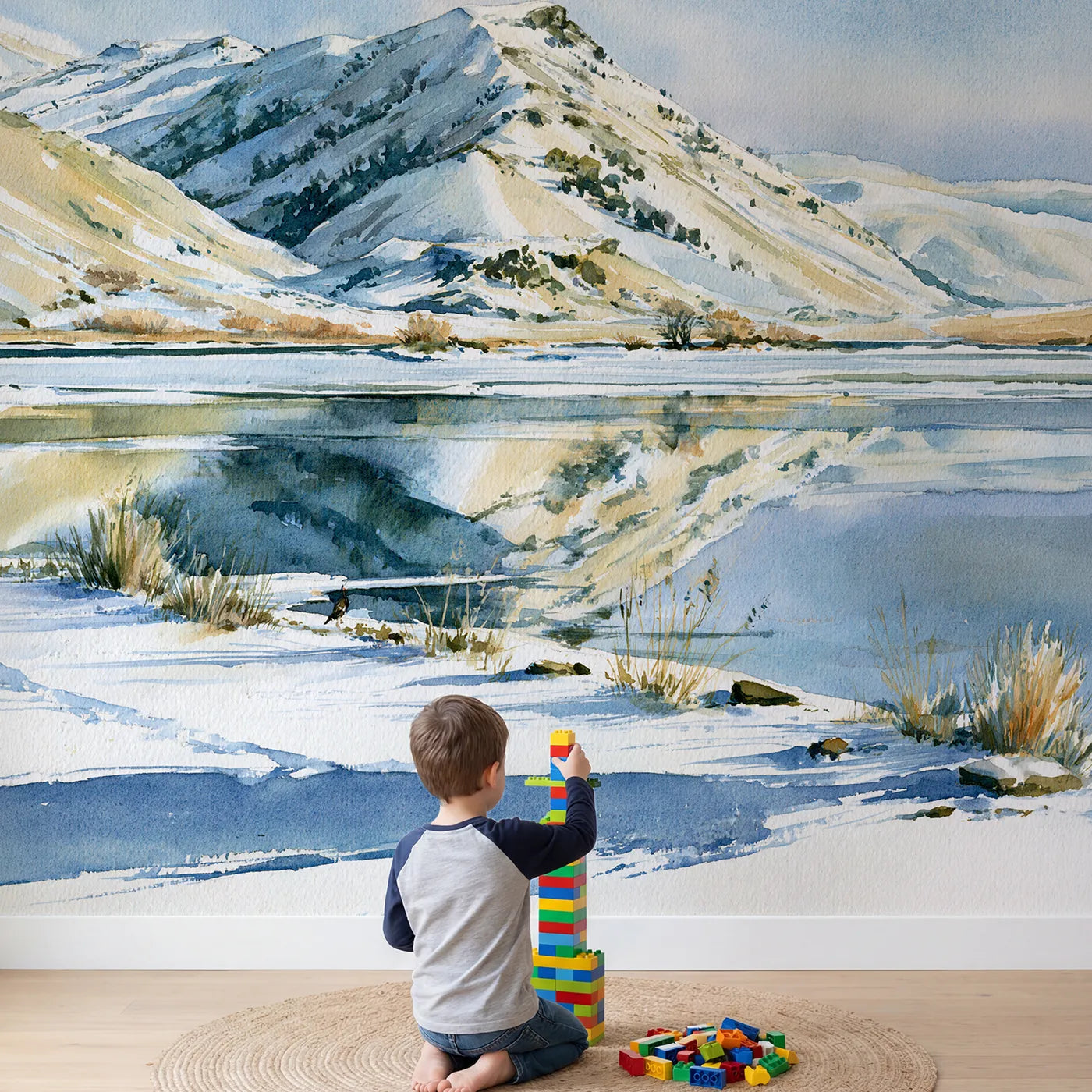 Child in nursery with Morning Terraced Hills Wallpaper Mural by Whimsy Tots