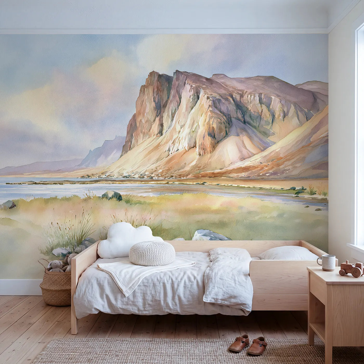 Watercolor wall mural of recognizable twin peaks by Whimsy Tots