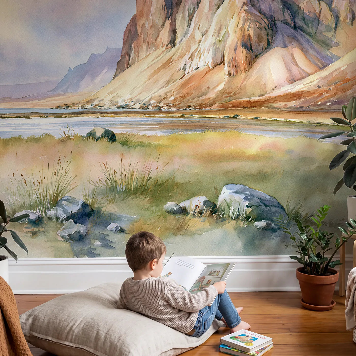 Child in nursery with Midday Fjord Cliffs Wallpaper Mural by Whimsy Tots