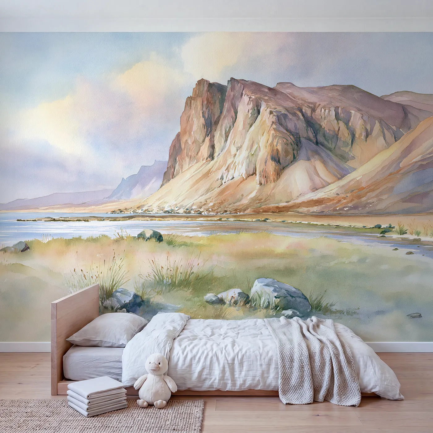 Midday Fjord Cliffs Wallpaper Mural in playroom setting by Whimsy Tots