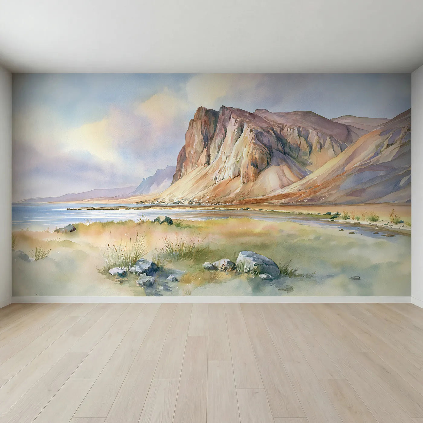 Full view of Midday Fjord Cliffs Wallpaper Mural by Whimsy Tots