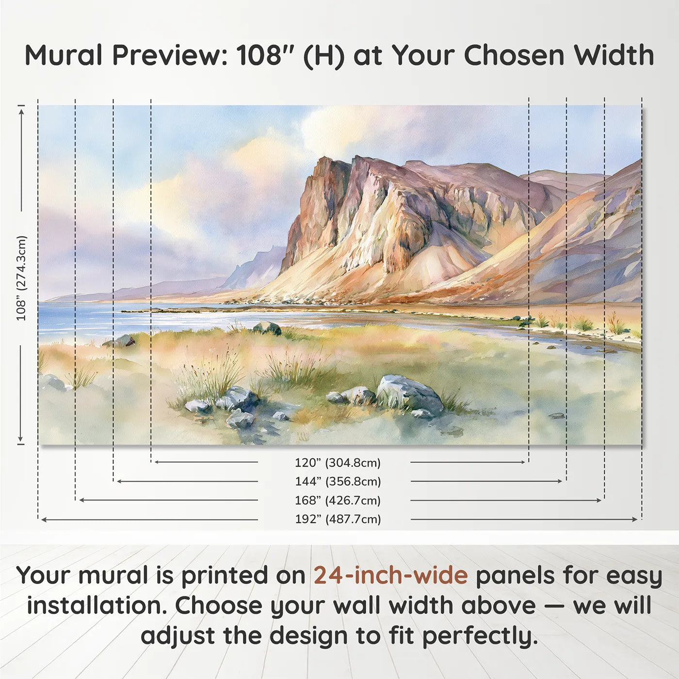 Panel layout and dimensions for Midday Fjord Cliffs Wallpaper Mural by Whimsy Tots
