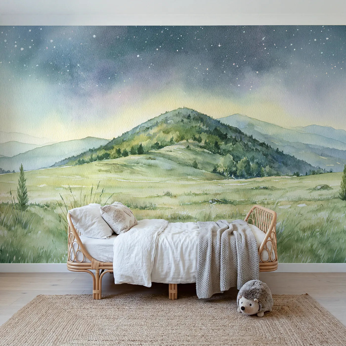 Watercolor wall mural of a pine-forested slope by Whimsy Tots