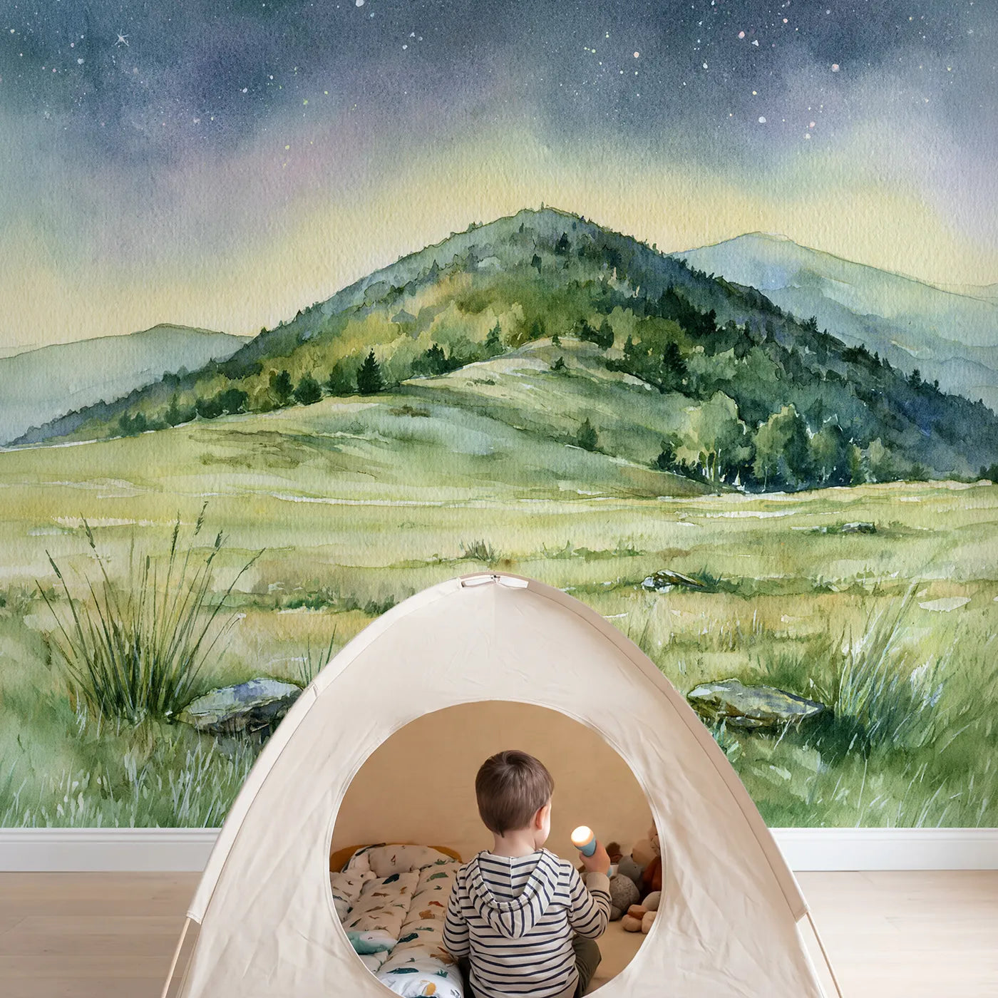 Child in nursery with Starlit Wooded Ridges Meadow Wallpaper Mural by Whimsy Tots