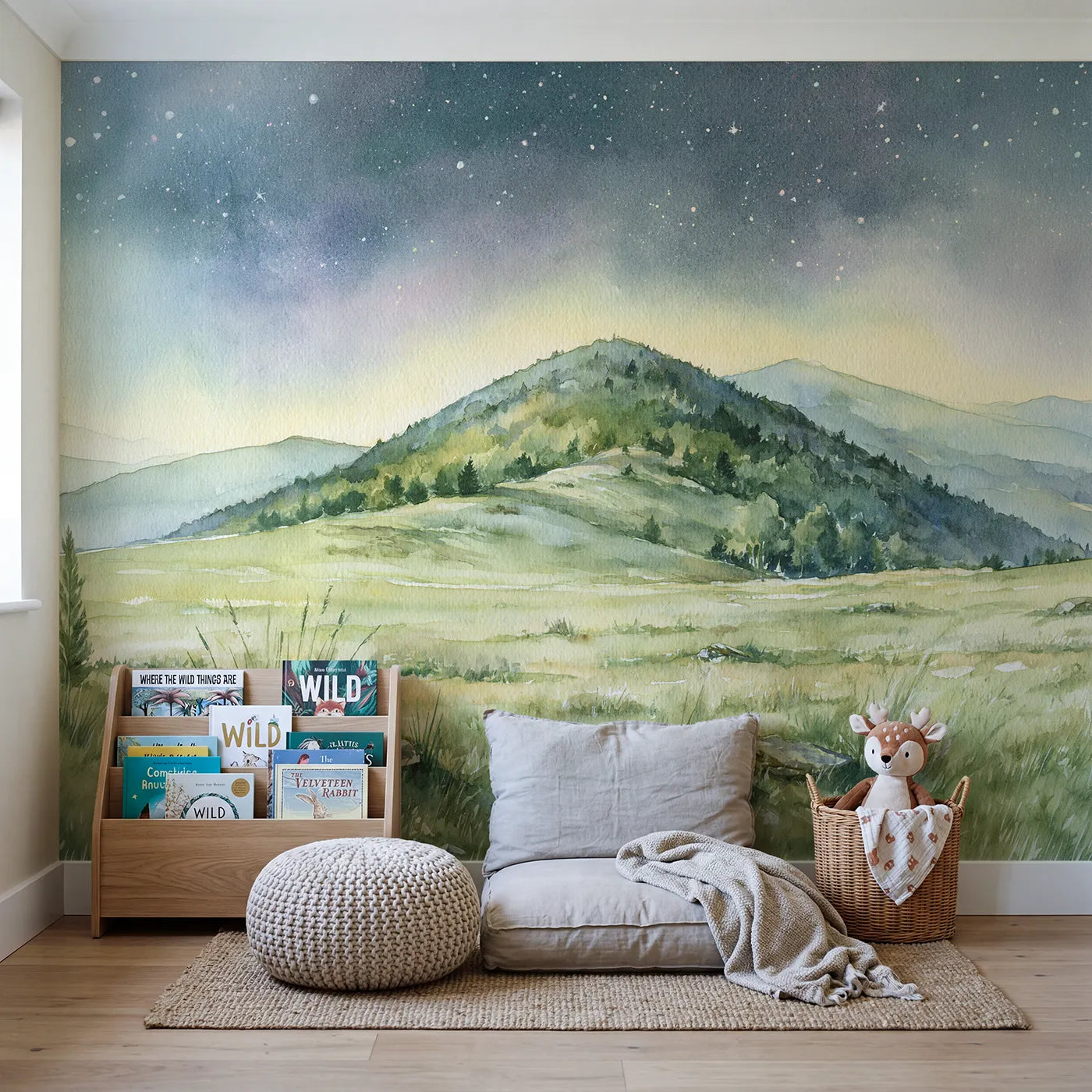 Starlit Wooded Ridges Meadow Wallpaper Mural in playroom setting by Whimsy Tots