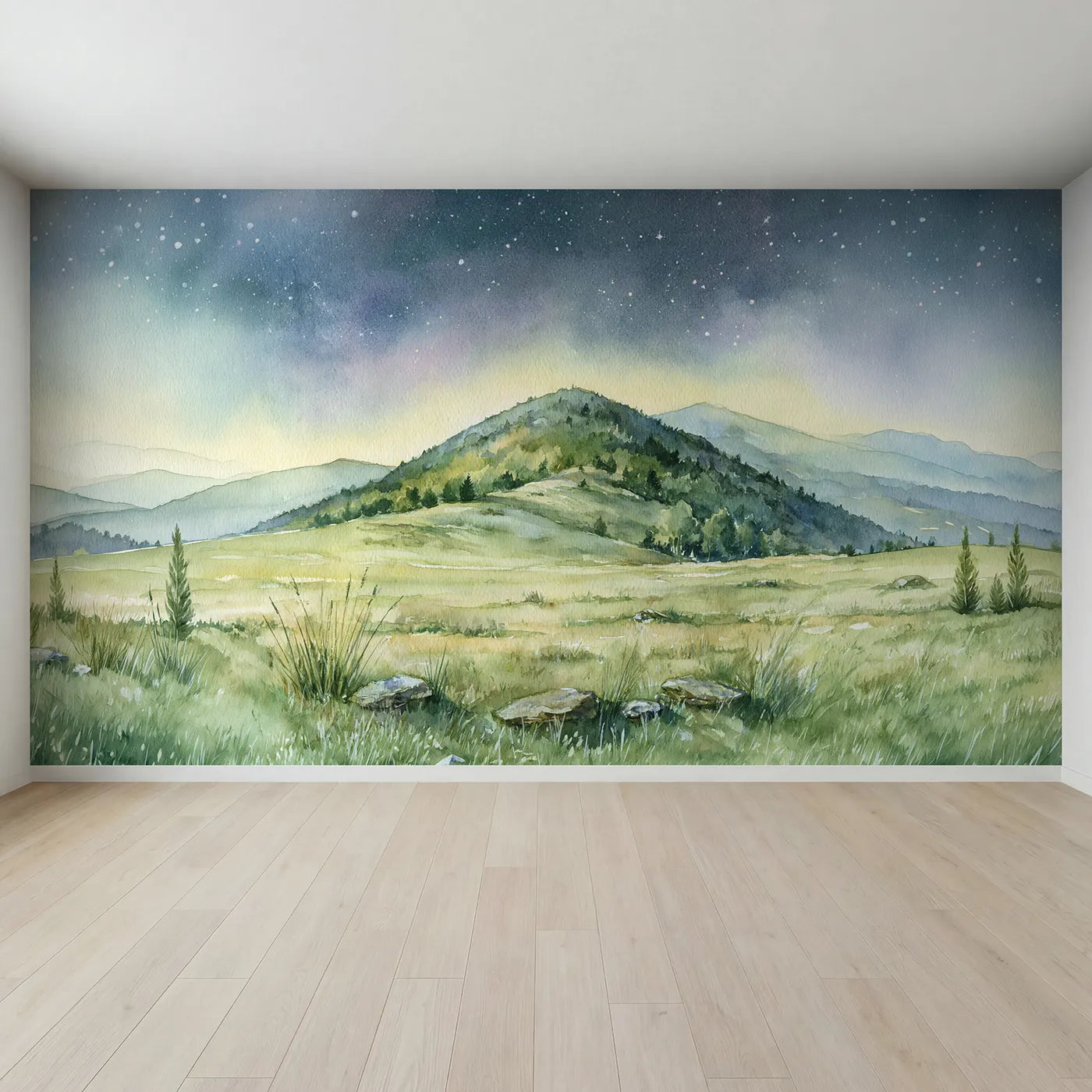 Full view of Starlit Wooded Ridges Meadow Wallpaper Mural by Whimsy Tots