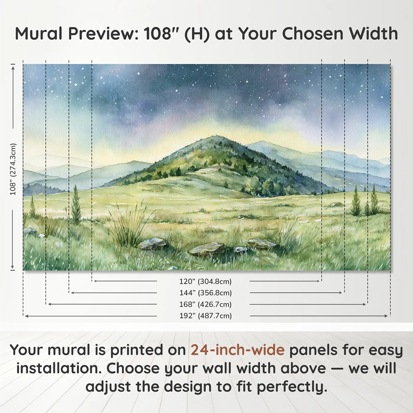 Panel layout and dimensions for Starlit Wooded Ridges Meadow Wallpaper Mural by Whimsy Tots