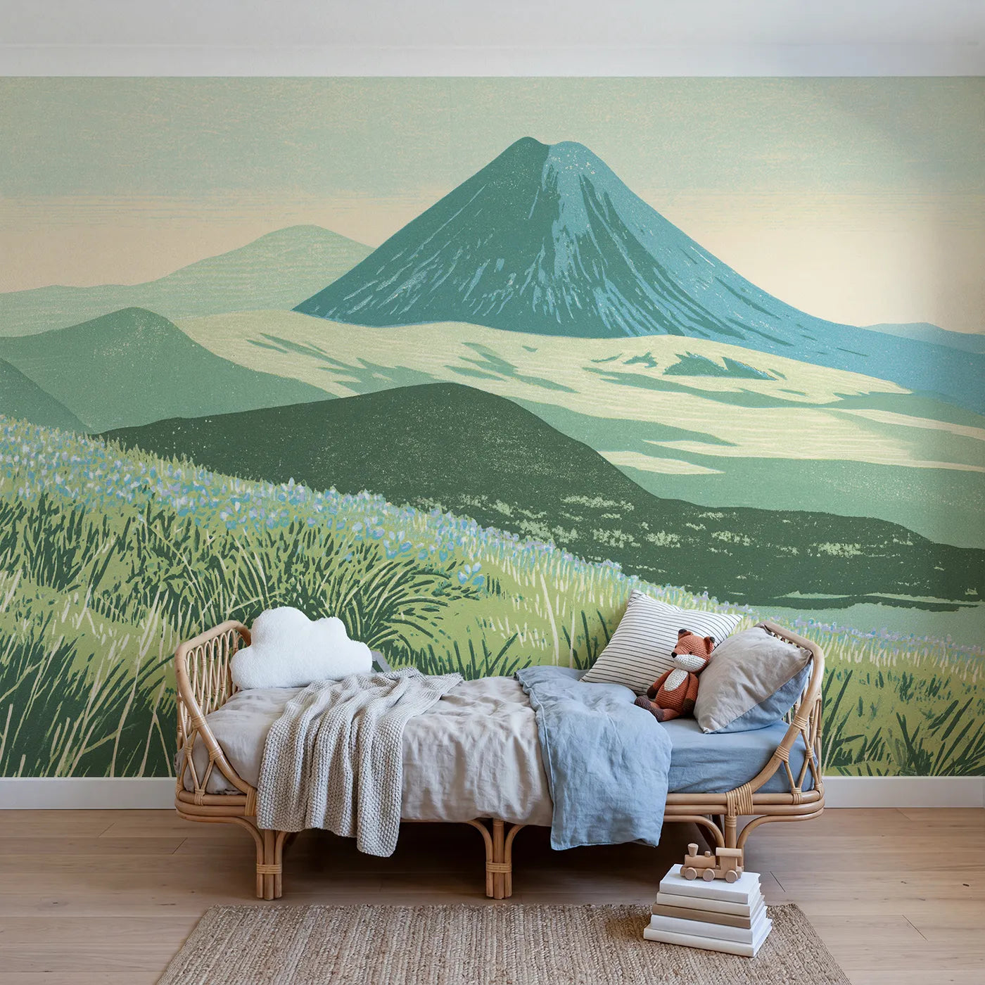 Linocut wall mural of a bold sage mountain peak by Whimsy Tots
