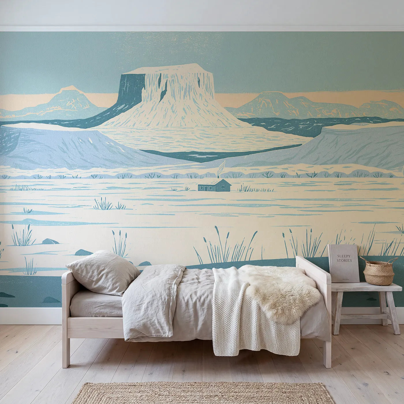 Linocut wall mural of a banded mountain range by Whimsy Tots