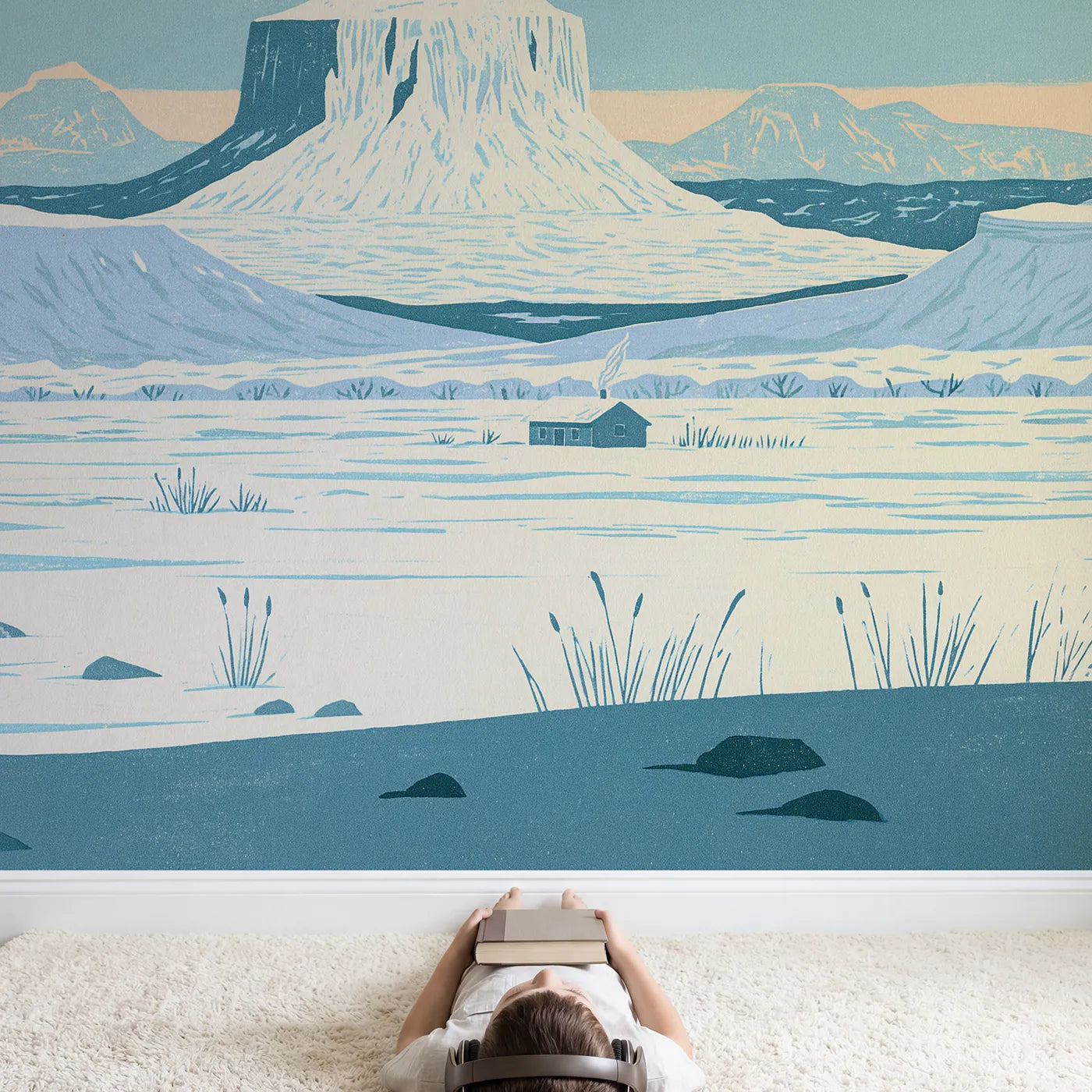 Child in nursery with Linocut Midday Mesa Plateau Wallpaper Mural by Whimsy Tots