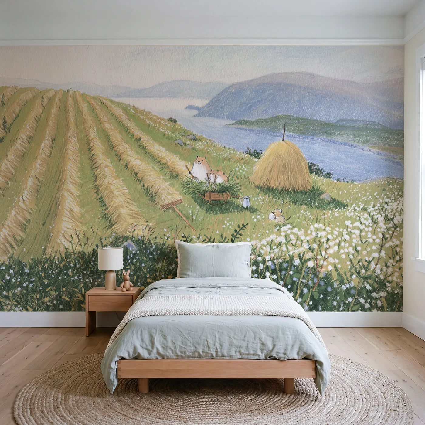 Colored Pencil marmots haymaking on an alpine slope, wall mural for a big-kid bedroom by Whimsy Tots